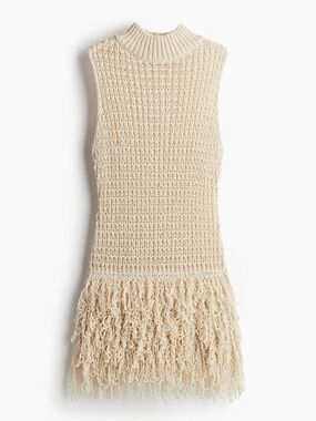 H&M Knit Fringe Shift Dress in Cream